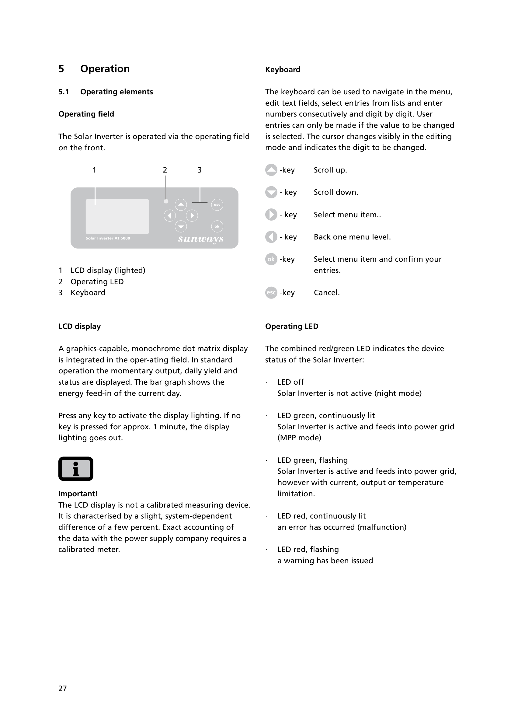 Sunways Solar Inverter AT, printed page 27. The cited passages are highlighted; their text appears beside the page.